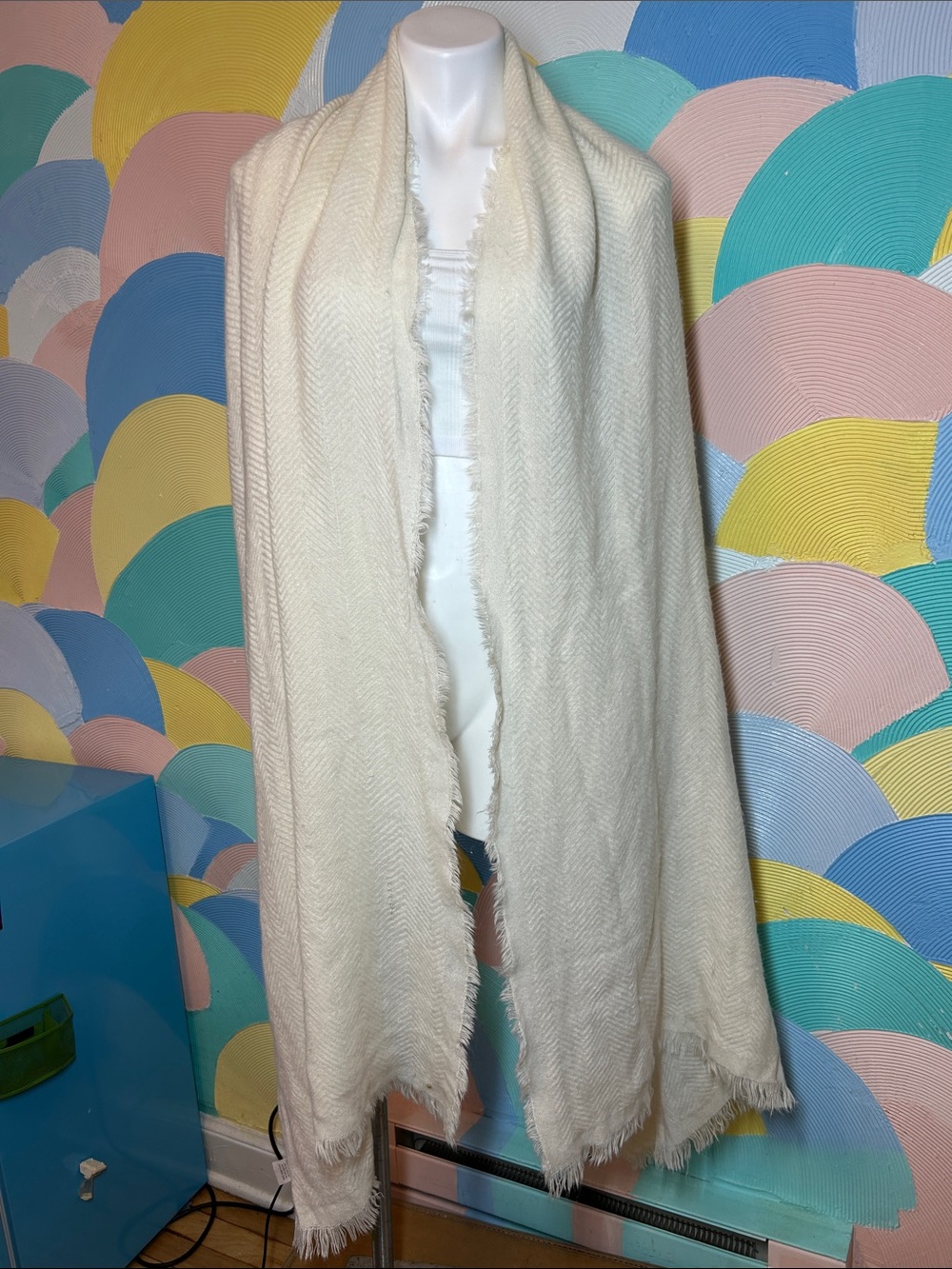 Cream Herringbone Shawl Wrap